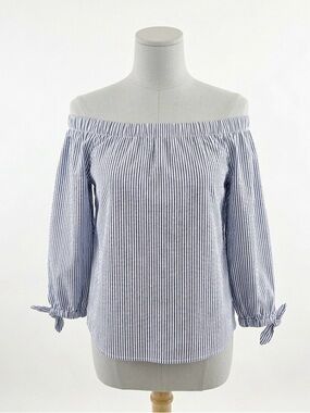 🔥 NWT VINEYARD VINES NAVY WHITE STRIPED OFF SHOULDER BLOUSE TIE SLEEVES SIZE 2
